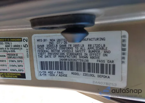 2006 Toyota Corolla Ce z USA, uszkodzony, nr VIN 1NXBR32E06Z759138